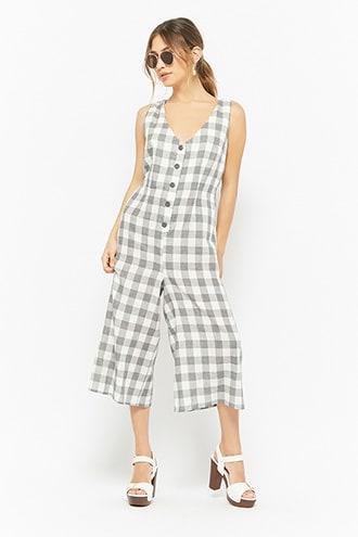 Forever21 Plaid Button-front Culotte Jumpsuit