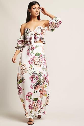 Forever21 Satin Floral Print Crop Top & Skirt Set