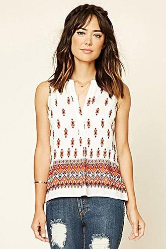 Forever21 Women's Rust & Cream Ornate Print Woven Top