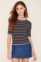 Forever21 Women's  Black & Green Striped Ribbed Knit Tee