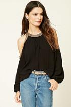 Forever21 Women's  Black & Camel Embroidered Open-shoulder Top