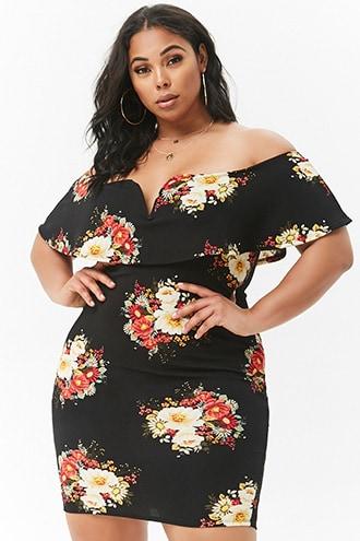 Forever21 Plus Size Floral Off-the-shoulder Bodycon Mini Dress