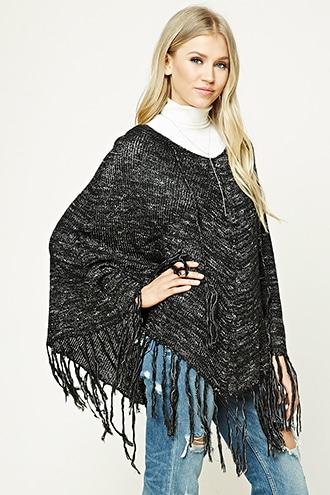 Forever21 Marled Fringed V-neck Poncho