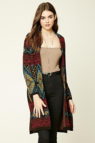 Forever21 Women's  Black & Burgundy Ribbed Tribal Pattern Cardigan