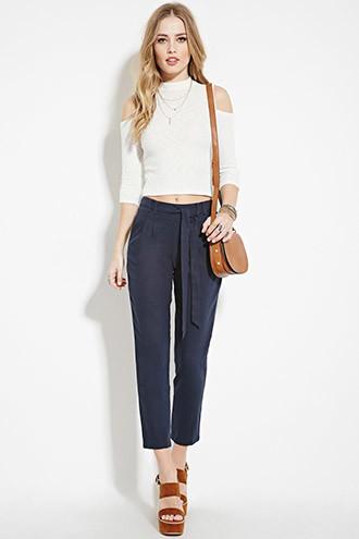 Forever21 Women's  Belted Linen-blend Pants