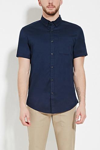 21 Men Navy Button-collar Shirt