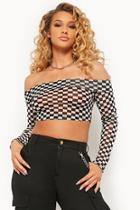 Forever21 Sheer Mesh Checkered Off-the-shoulder Crop Top