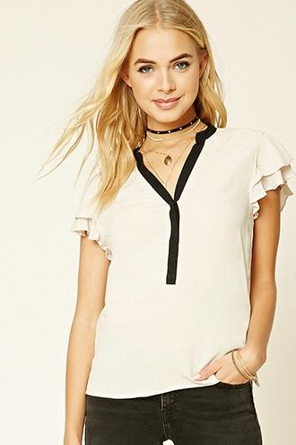 Forever21 Women's  Natural Ruffled Button-front Top