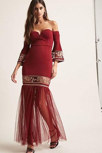 Forever21 Soieblu Embroidered Off-the-shoulder Gown