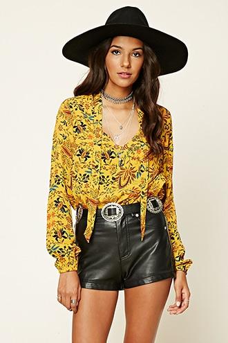 Forever21 Women's  Mustard & Rust Tie-neck Ornate Print Bodysuit