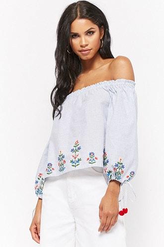 Forever21 Embroidered Pinstripe Off-the-shoulder Top