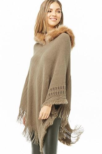Forever21 Hooded Faux Fur-trim Poncho