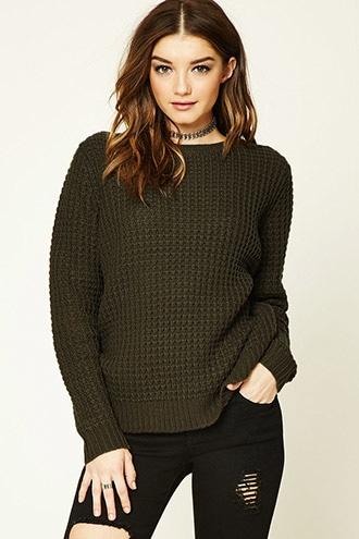 Forever21 Women's  Olive Boxy Waffle Knit Sweater