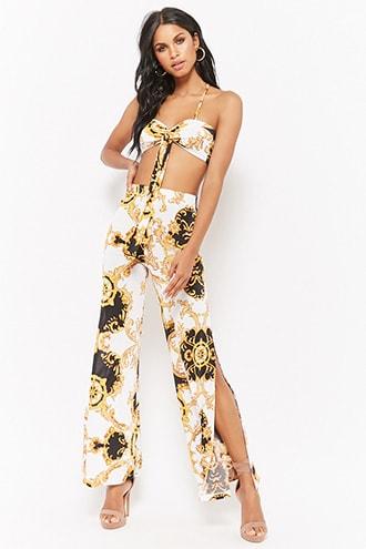Forever21 Baroque Crop Cami & Slit Pants Set