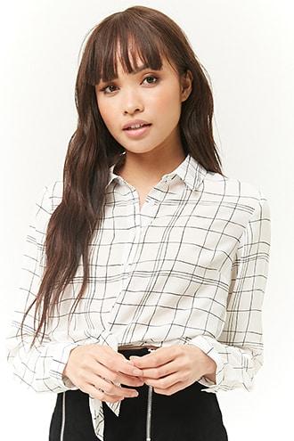 Forever21 Grid Print Tie-front Shirt