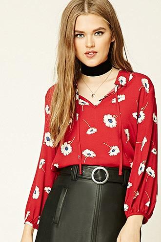 Forever21 Women's Red & Cream Self-tie Floral Top