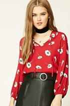 Forever21 Women's  Red & Cream Self-tie Floral Top