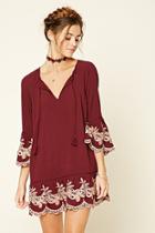 Forever21 Women's  Burgundy & Peach Embroidered Peasant Dress