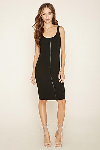 Forever21 Women's  Black Zippered Midi Dress