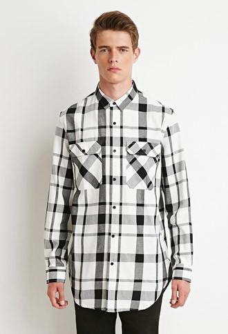 21 Men Men's  Longline Plaid Shirt (cream/black)