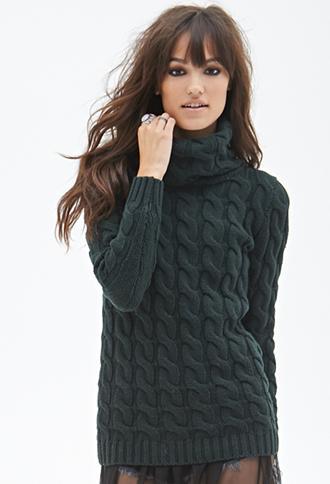 Forever21 Cable Knit Turtleneck Sweater Dark Green Small