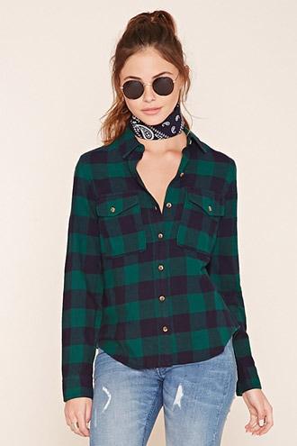 Forever21 Women's  Green & Navy Buffalo Plaid Flannel Shirt