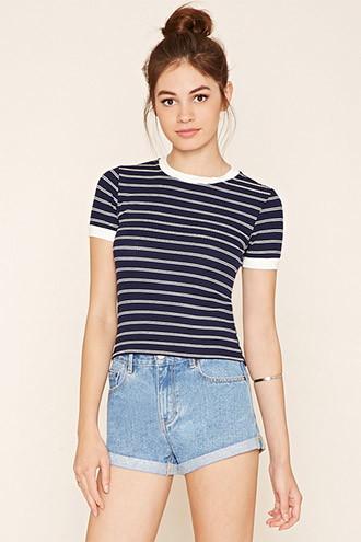 Forever21 Women's Stripe Ribbed Ringer Tee