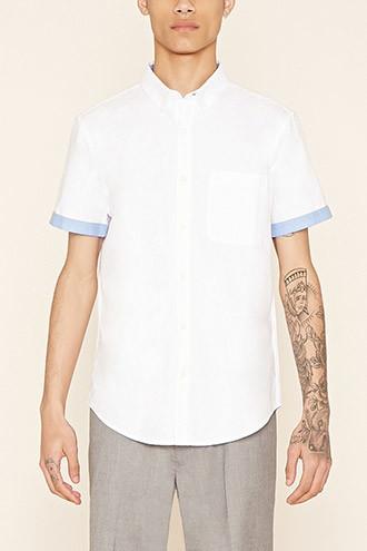 21 Men Men's  White & Blue Contrast-cuff Oxford Shirt