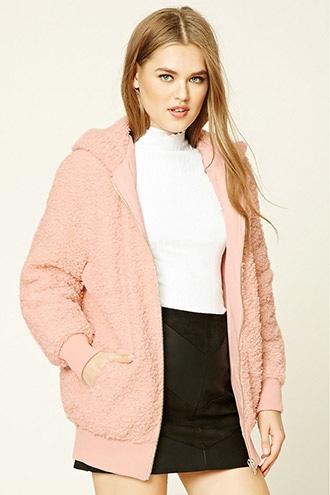 Forever21 Women's  Light Pink Faux Shearling Hooded Jacket