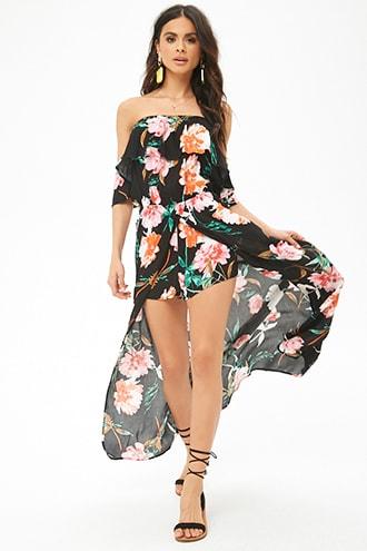 Forever21 Floral Print Off-the-shoulder Maxi Skort Romper