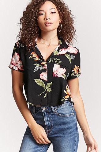 Forever21 Tropical Print Cropped Shirt
