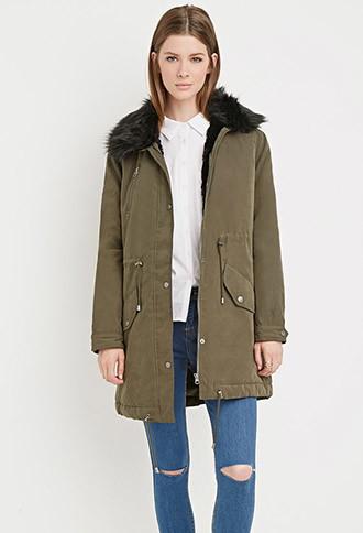 Forever21 Women's  Faux Fur Parka (olive/black)