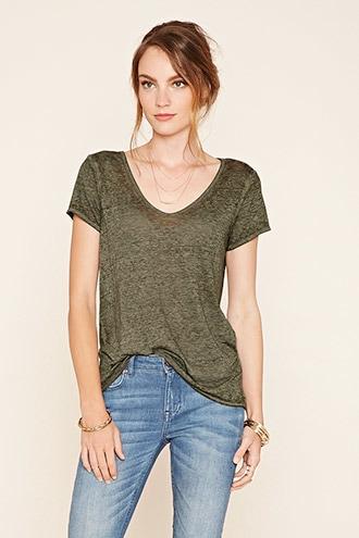 Love21 Women's  Dark Olive Contemporary V-neck Burnout Tee