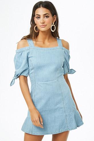Forever21 Denim Open-shoulder Mini Dress