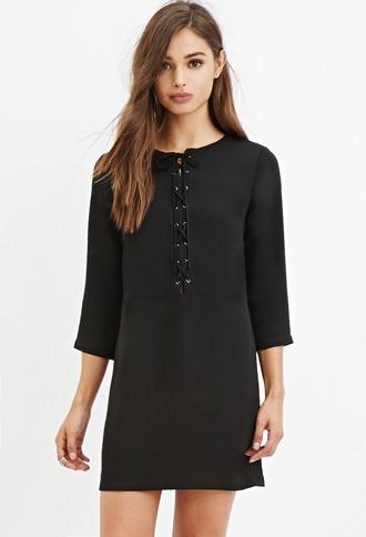 Forever21 Women's  Lace-up Shift Dress (black)