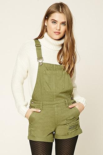 Forever21 Women's  Olive Distressed Denim Overall Shorts