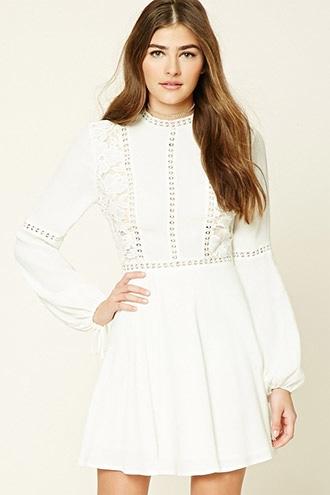 Forever21 Women's Ivory & Nude Crochet Overlay Mini Dress