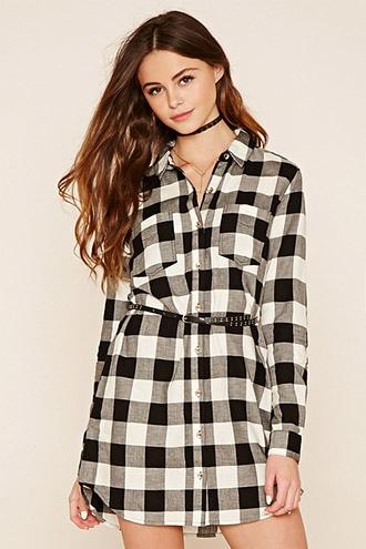 Forever21 Women's  Cream & Black Buffalo Plaid Shirt Dress