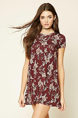 Forever21 Women's Burgundy & Tan Floral Print Cutout Dress