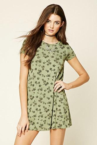Forever21 Women's  Olive & Black Floral Print V-neck Dress
