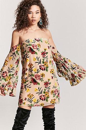 Forever21 Velvet Floral Off-the-shoulder Dress