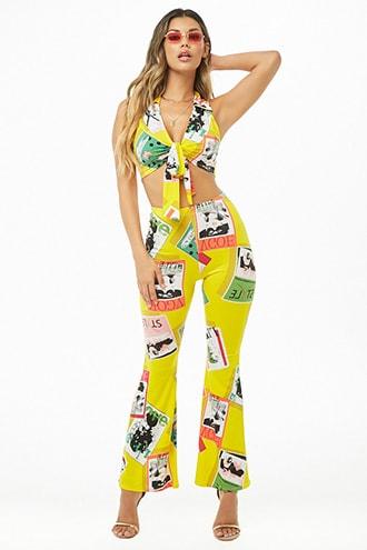 Forever21 Art Deco Collar Crop Top & Flared Pants Set