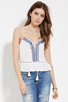 Forever21 Women's  White & Blue Embroidered Gauze Cami