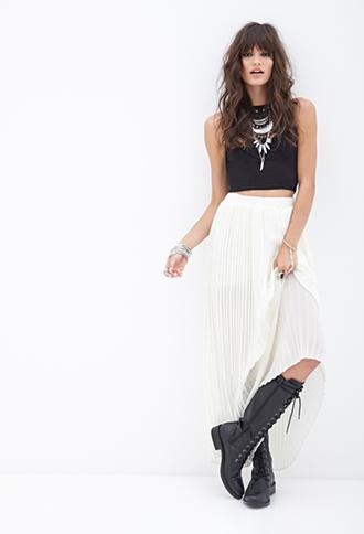 Forever21 Pleated Chiffon Maxi Skirt Cream Small