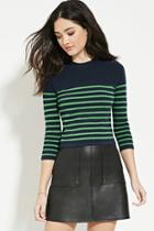 Forever21 Women's  Navy & Green Striped Sweater Top