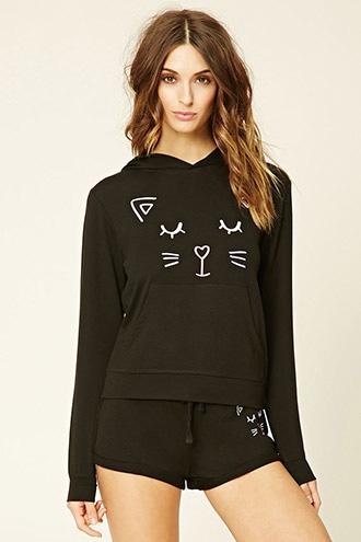 Forever21 Women's  Cat Face Print Pj Hoodie