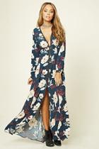 Forever21 Women's  Navy & Cream Floral V-neck Maxi Dress