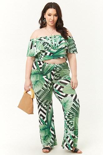 Forever21 Plus Size Foliage Print Crop Top & Pants Set