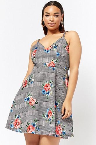 Forever21 Plus Size Floral Glen Plaid Strappy Dress