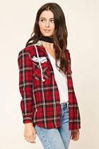 Forever21 Women's  Patched Hooded Flannel Shirt